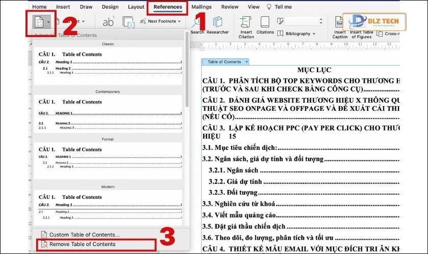 Cách xóa mục lục trên Word