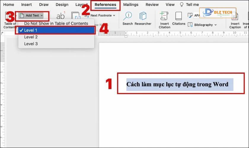 Đánh dấu các mục bằng cách dùng Add Text trong mục Table of Contents.