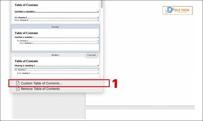 Chọn Custom Table of Contents để điều chỉnh mục lục