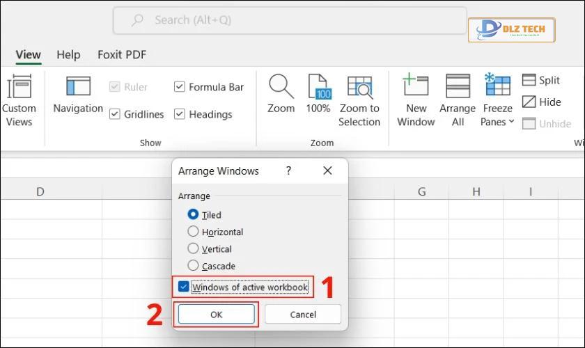 chọn vào windows of active workbook, sửa lỗi mở file excel bị trắng