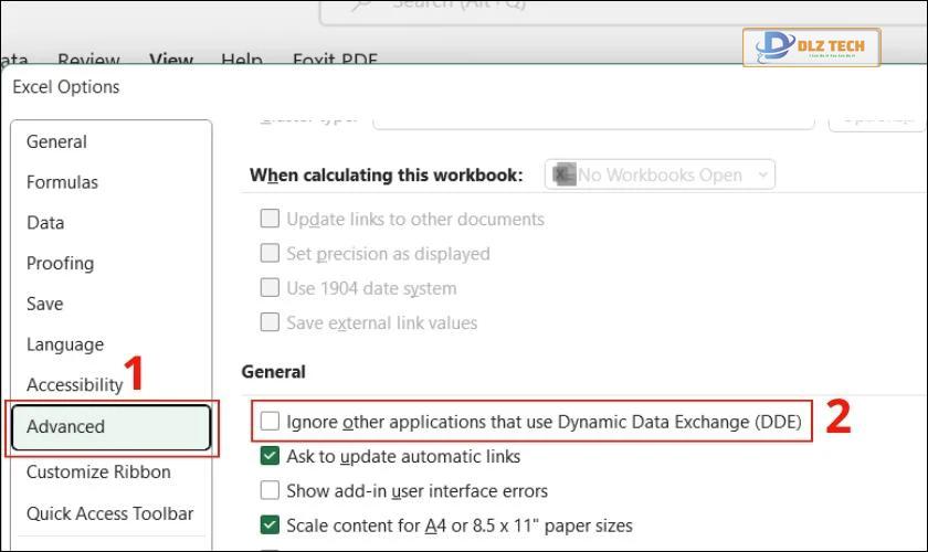 vô hiệu hóa dynamic data exchange, sửa lỗi không mở được file excel