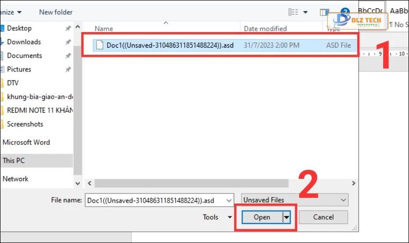 Lựa chọn file để phục hồi trong Word