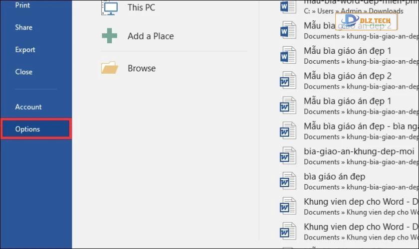 Chọn vào mục Options