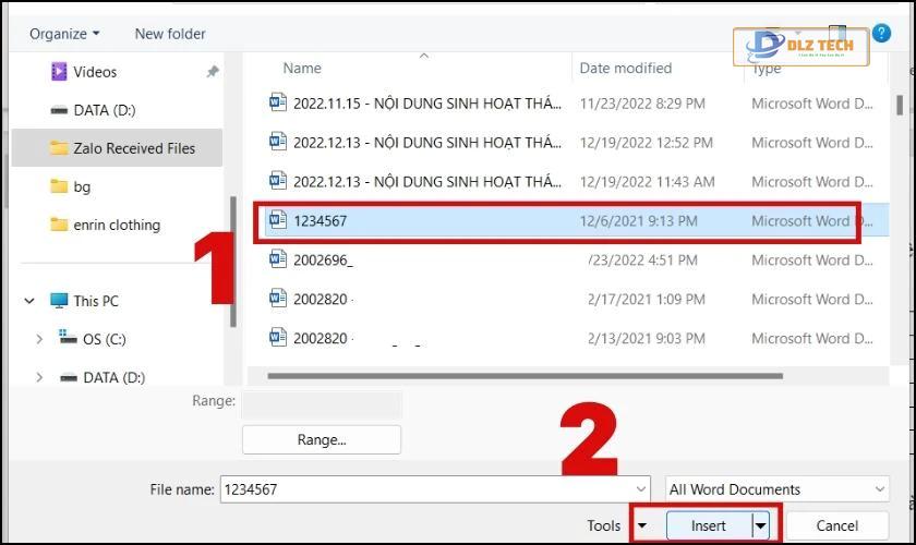 Chọn file Word cần ghép