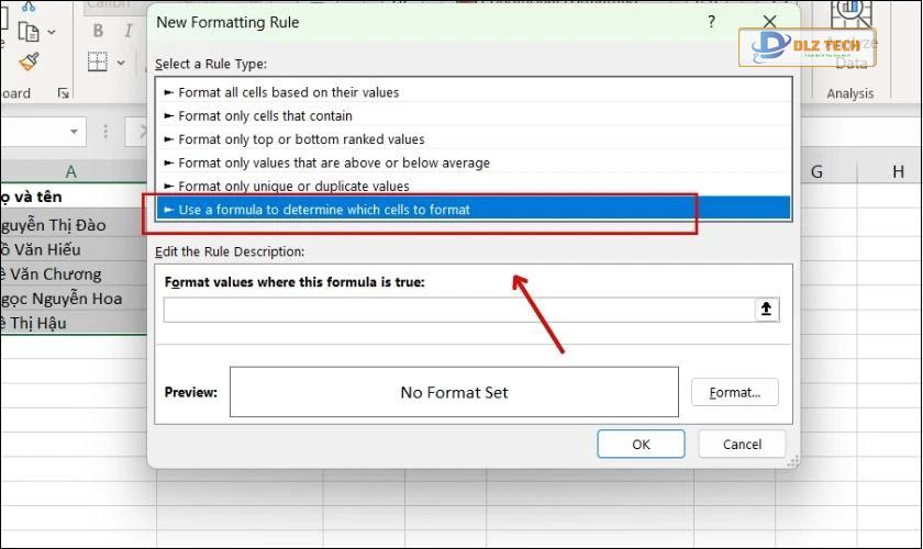 Chọn Use a formula to determine which cells to format