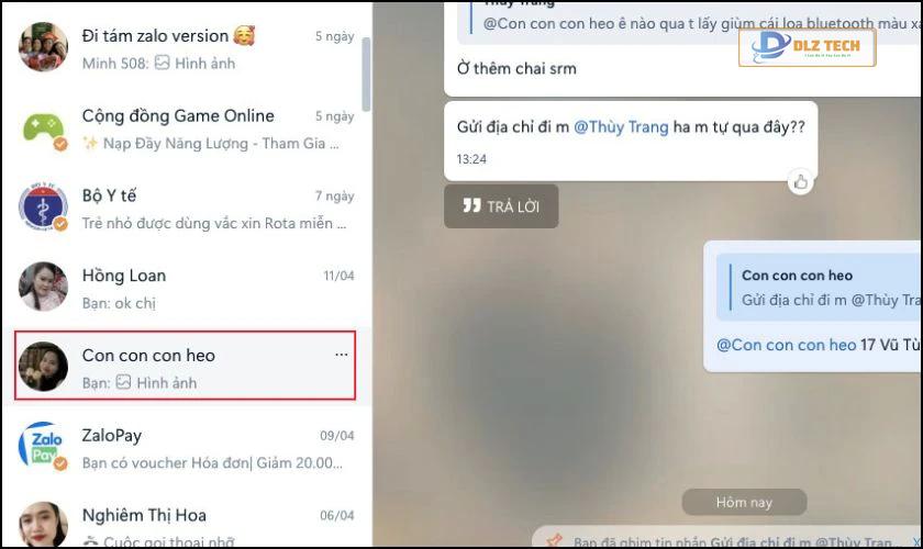 Cách ghim tin nhắn Zalo 1,2 người trên máy tính