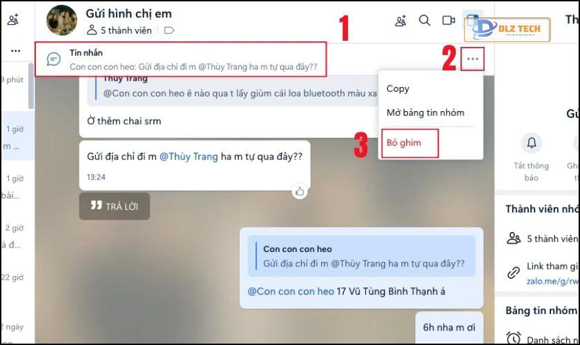 Cách hủy ghim tin nhắn Zalo 1,2 người trên máy tính