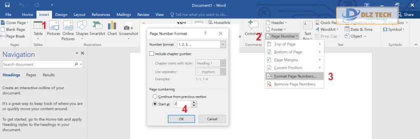 Cách đánh số trang trong Word từ số 2