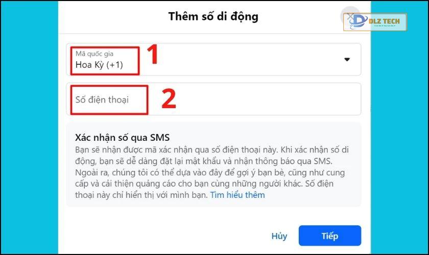 Chọn mã quốc gia của Việt Nam và nhập số điện thoại