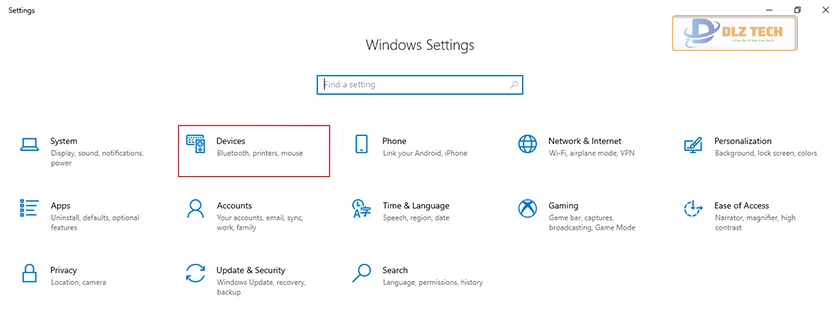 Cách chỉnh tốc độ chuột win 10 ở Window Settings, Device
