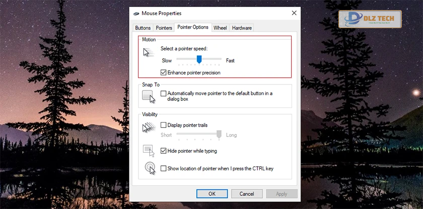 chỉnh tốc độ chuột win 10 bằng cách quan tâm tới Pointer Options
