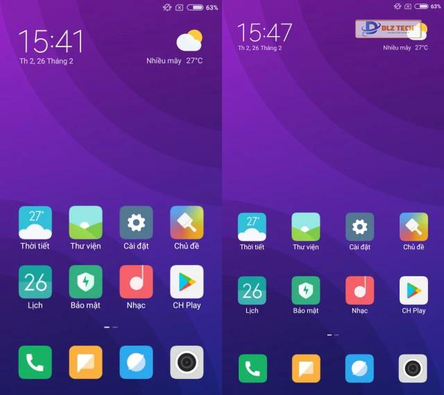 Màn hình chính (Trước - Sau) khi độ rộng nhỏ nhất xiaomi