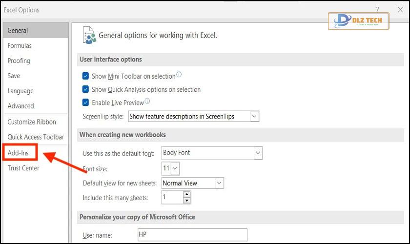 Chọn Add-Ins trong Excel