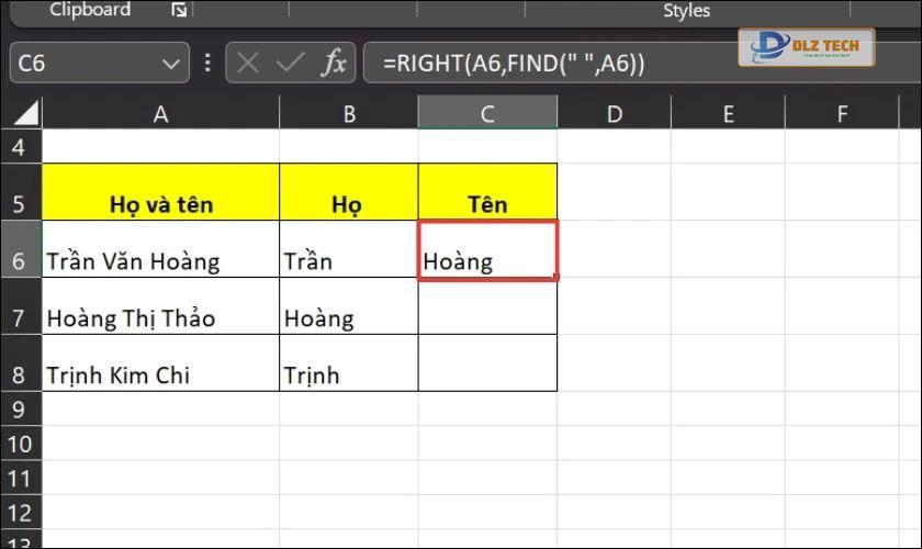Kết quả sau khi tách cột Tên