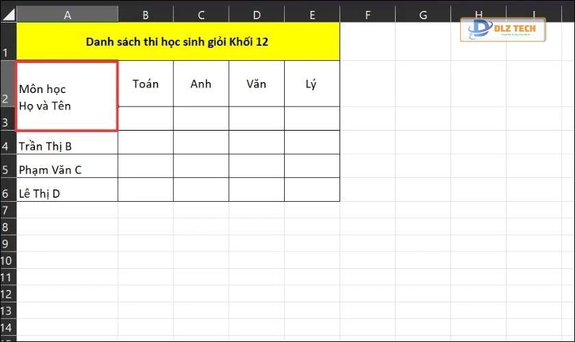 Nhập nội dung vào cột cần chia chéo trong Excel