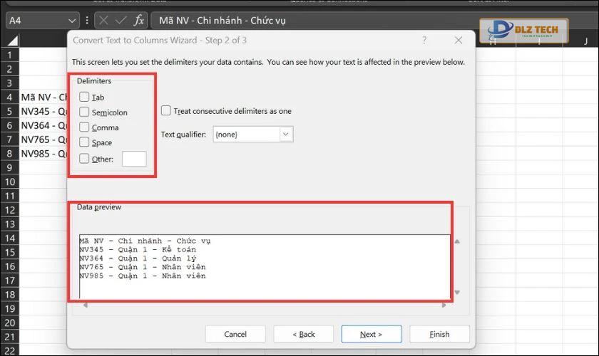 Tại mục Data Preview xem trước hiển thị của vùng dữ liệu sau khi được chia cột