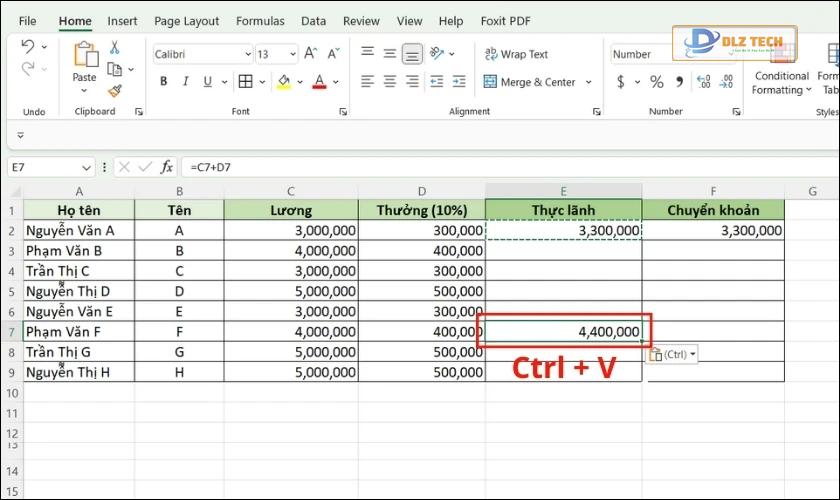 Nhấn Ctrl + V để dán công thức
