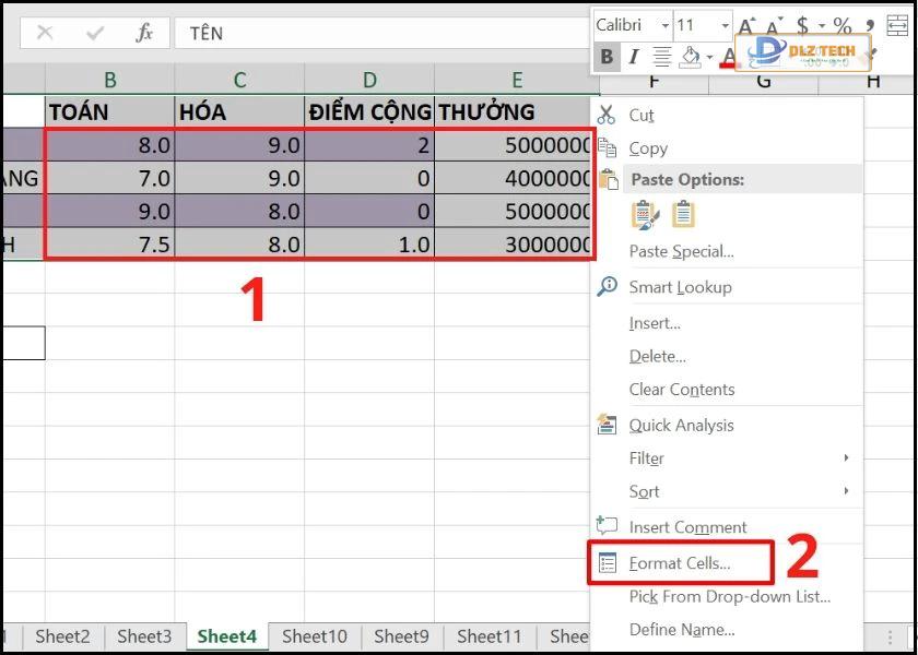 cách ẩn số 0 trong excel