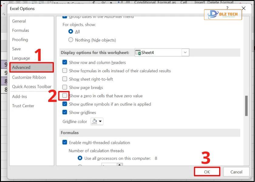 cách xóa số 0 trong excel