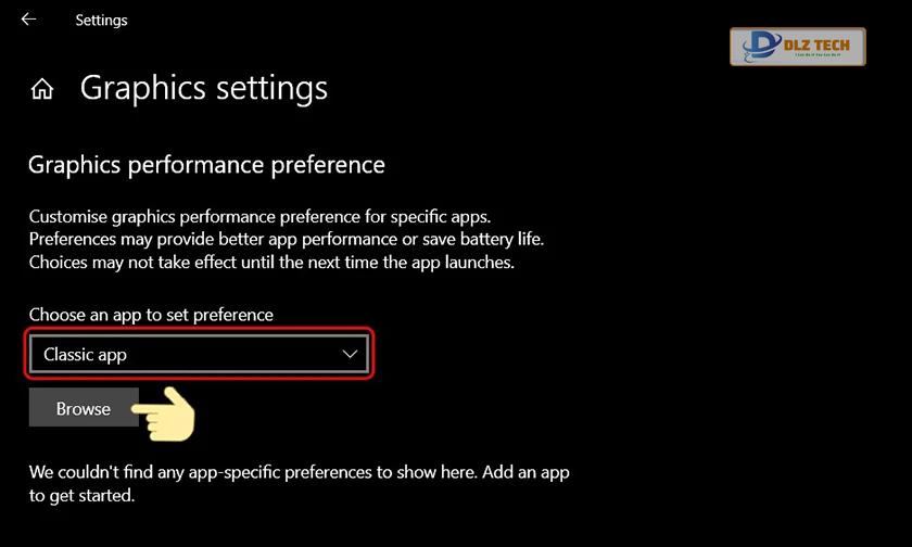Tại mục Choose an app to set preference, chọn mục Classic app rồi nhấn Browse.