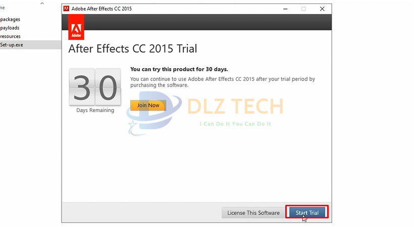 Chọn Start Trial để cài After Effects 2015.