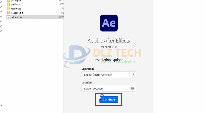 Tiến hành chọn Continue để tiếp tục cài After Effects 2021.