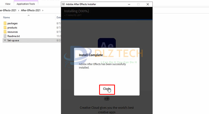 Chọn Close hoàn thành cài After Effects 2021.