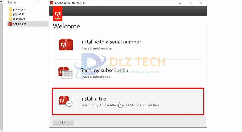 Tiến hành chọn Install a trial để cài After Effects cs6.